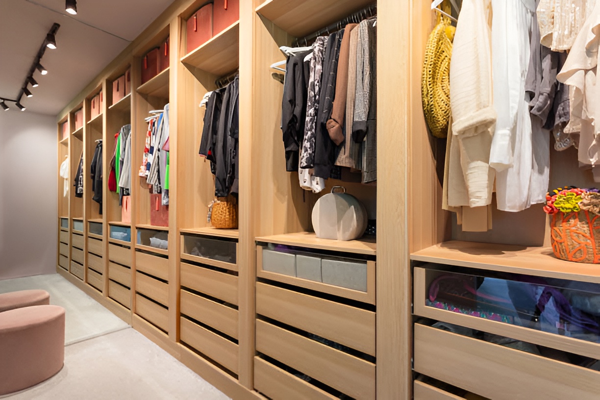 well-lit modern walk-in closet with built-in drawers and cabinets